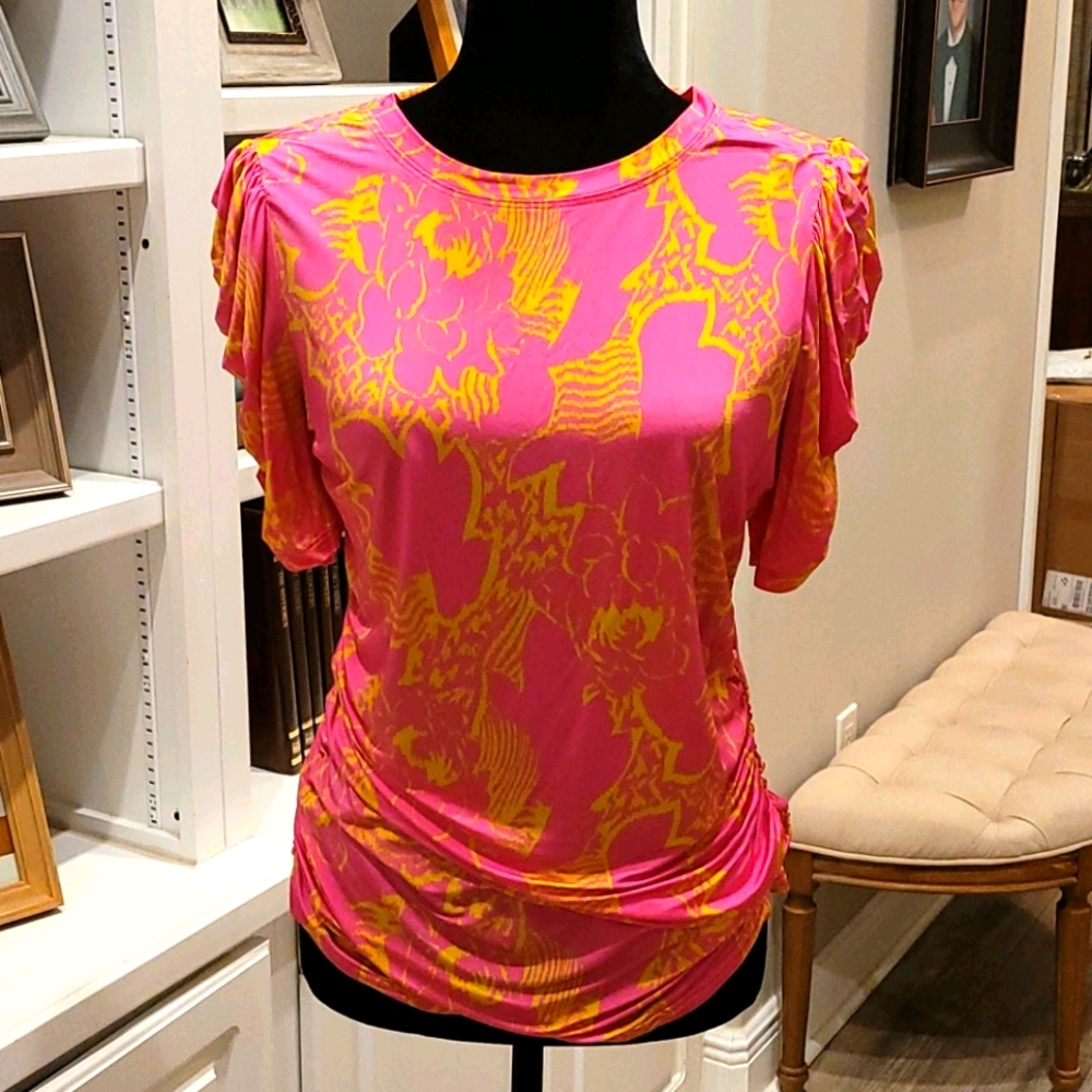 Tanya Taylor Pink & Yellow Floral Print Short Sleeve Top